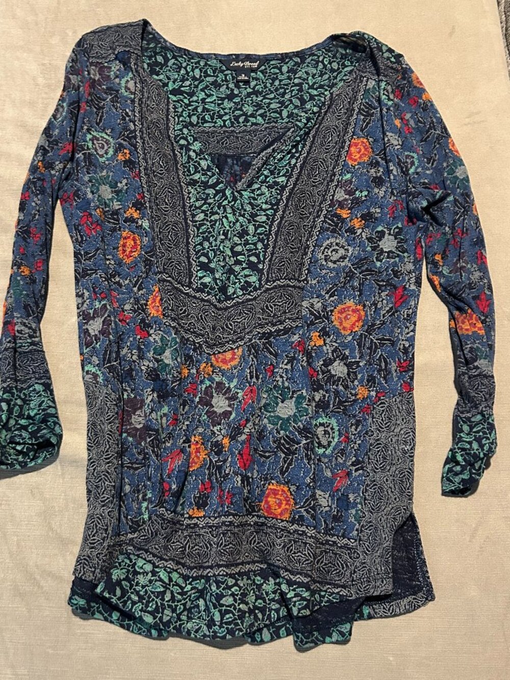 LUCKY BRAND Blue Floral Mixed Print Boho V-Neck Tunic Blouse Small